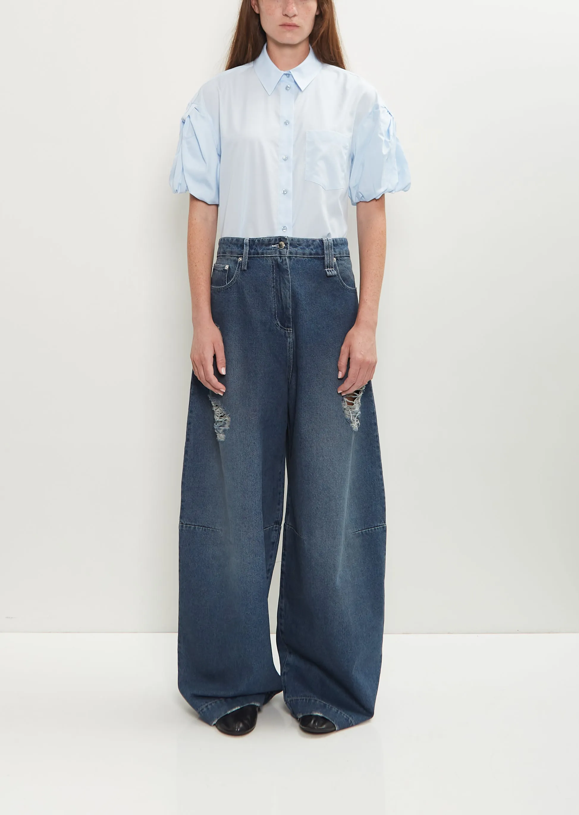 Distressed Wide Leg Puddle Jeans — Distressed Blue sold by La Garconne