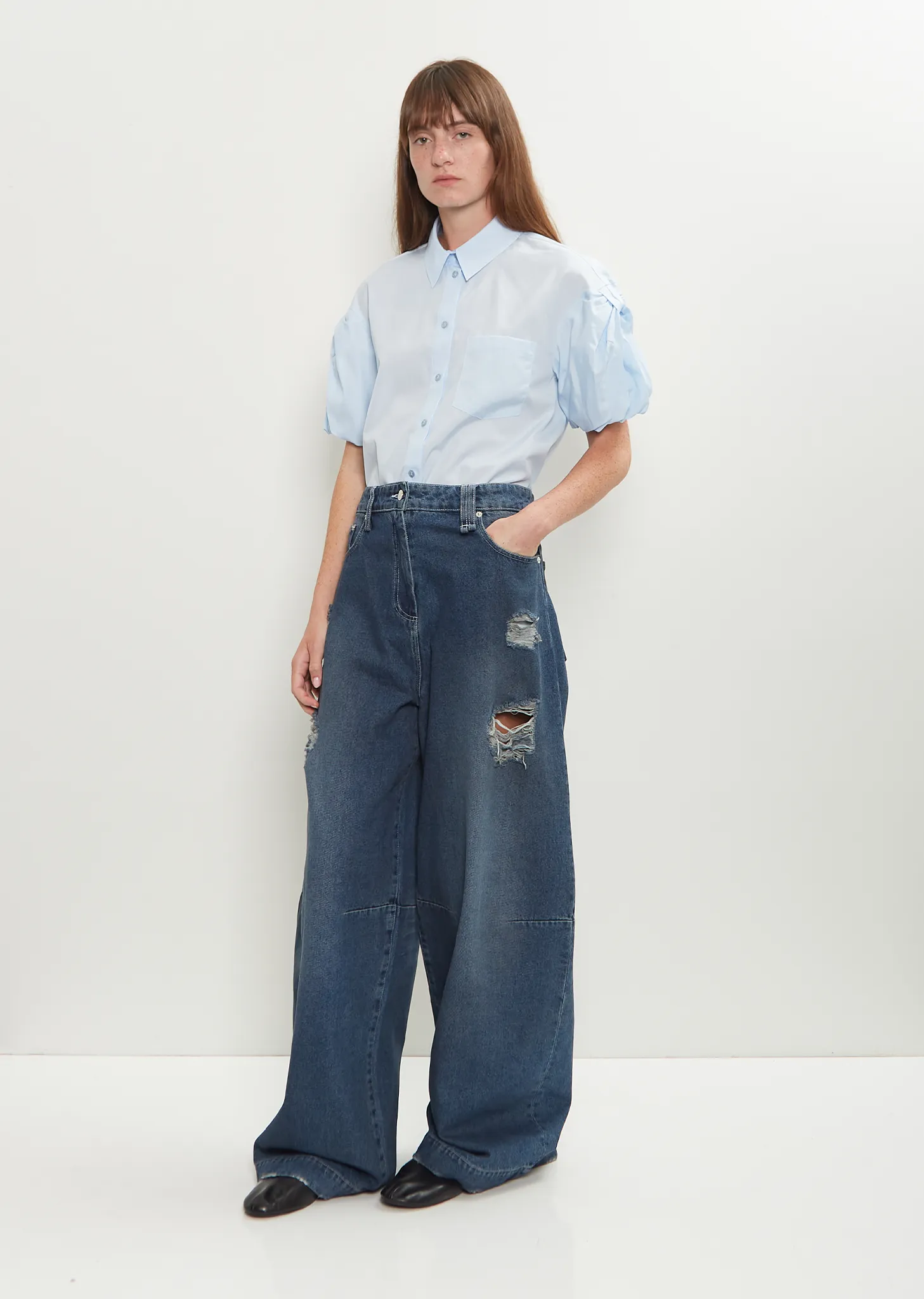 Distressed Wide Leg Puddle Jeans — Distressed Blue sold by La Garconne product image thumbnail 4