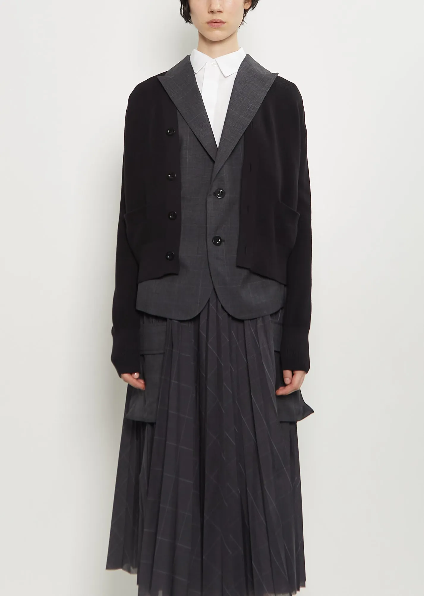 Wool Glen Check Twil x Knit Cardigan sold by La Garconne