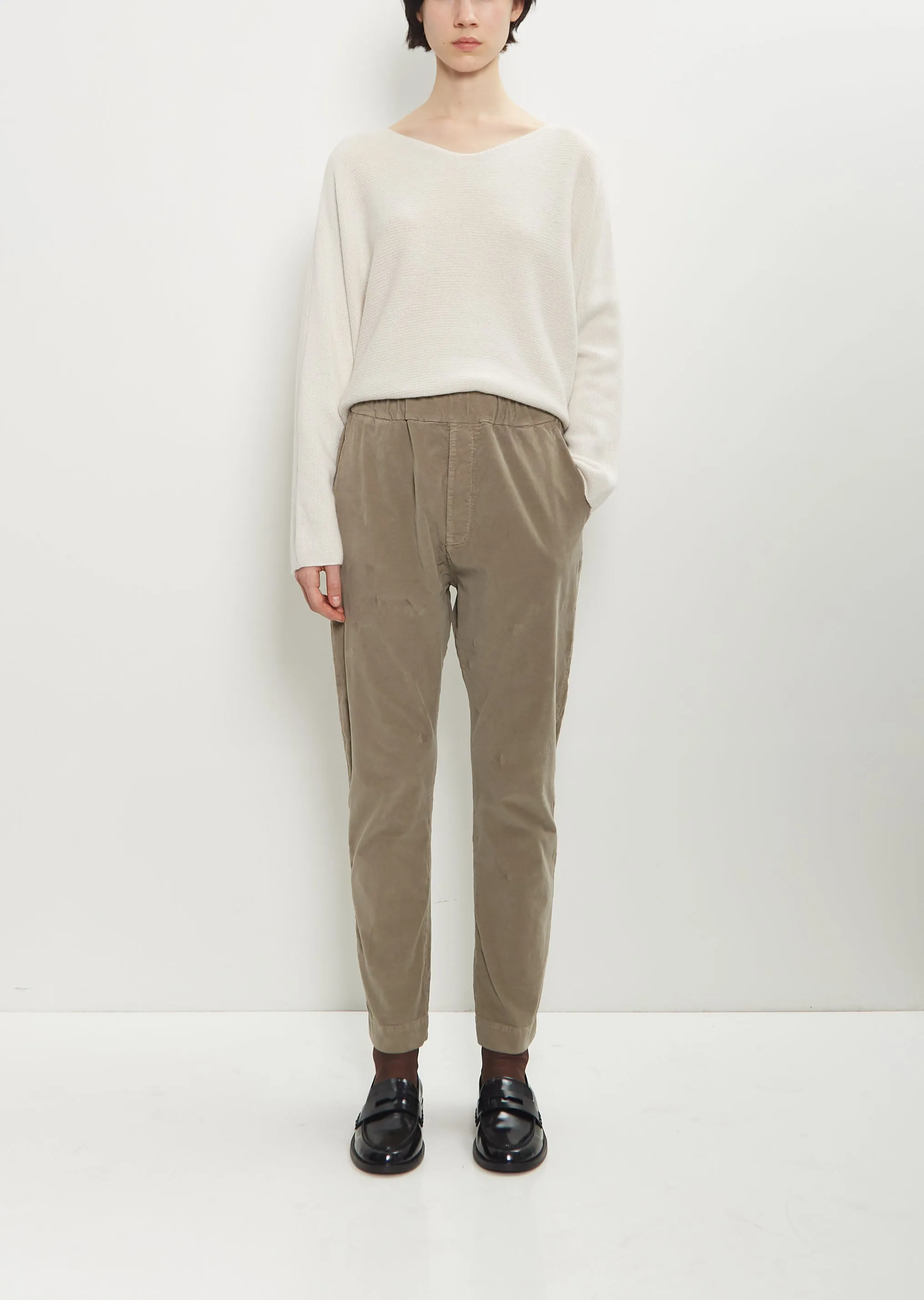 Velvet Slim Trousers — Marron Glace sold by La Garconne