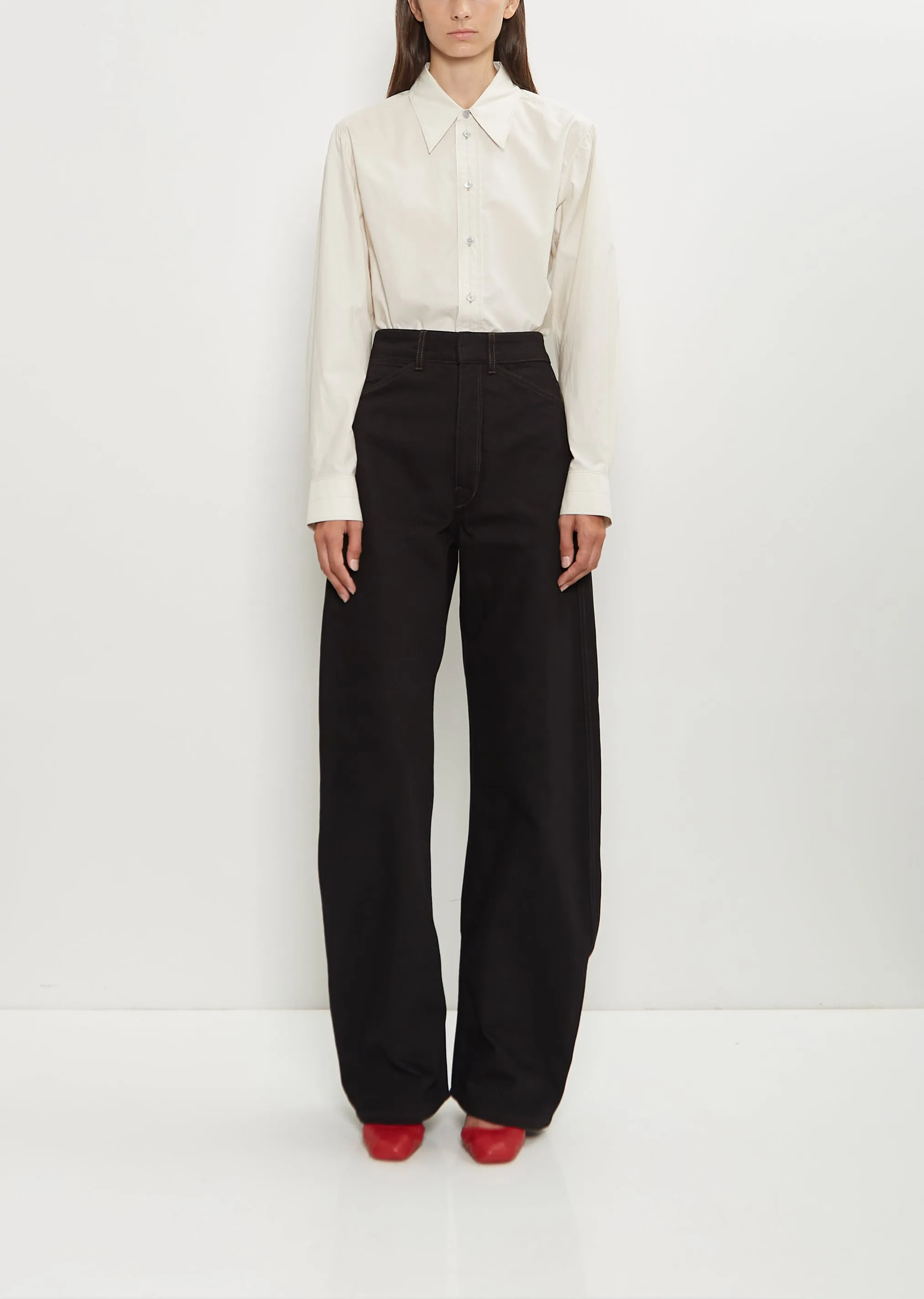 High Waisted Curved Denim Pants — Black sold by La Garconne