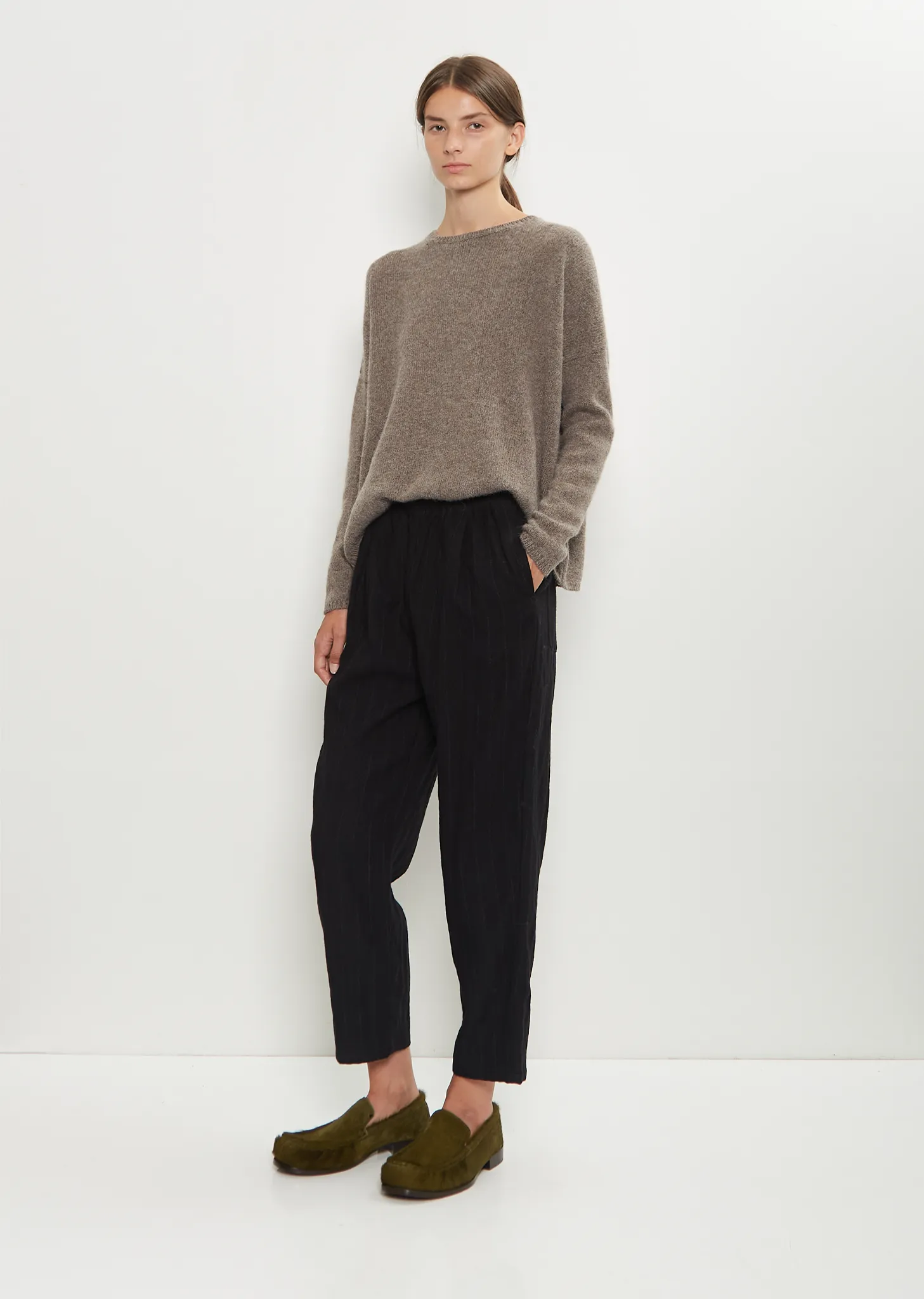 Linen Wool Pinstripe Pleated Tapered Pant — Black sold by La Garconne product image thumbnail 4