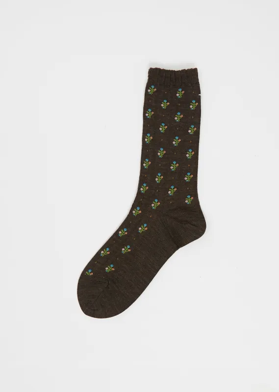 Flower Stripes Stretch Wool Socks — Brown sold by La Garconne
