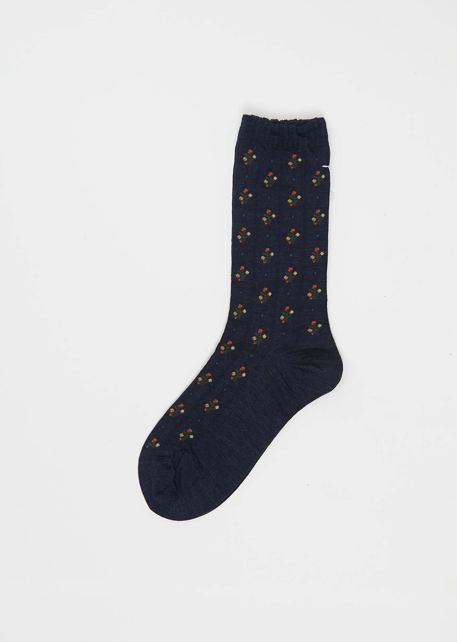 Flower Stripes Stretch Wool Socks — Navy sold by La Garconne