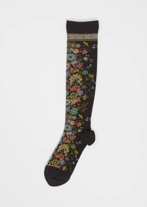 Happy Flower Wool Compression High Socks — Brown sold by La Garconne