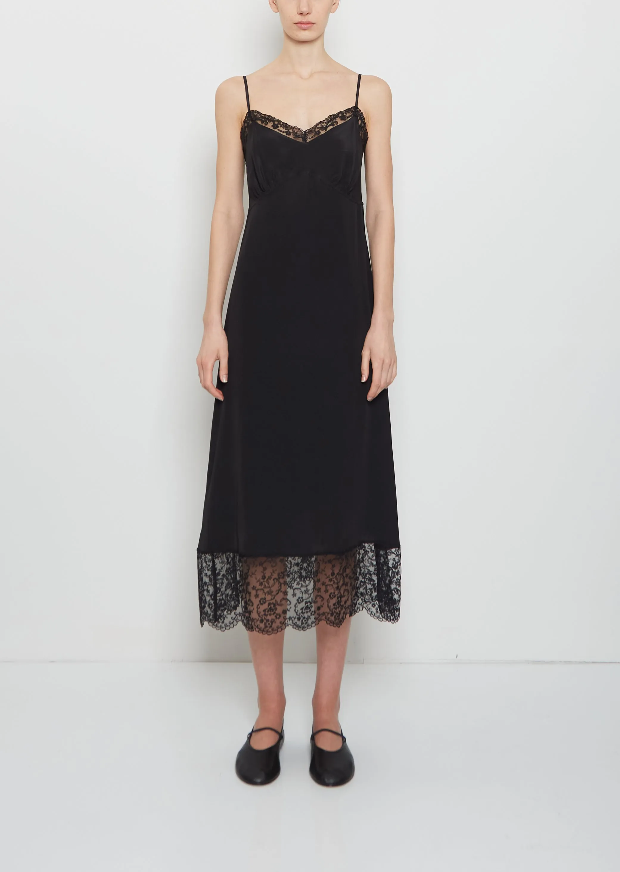 Silk Blend Lace Trim Slip Dress — Black sold by La Garconne