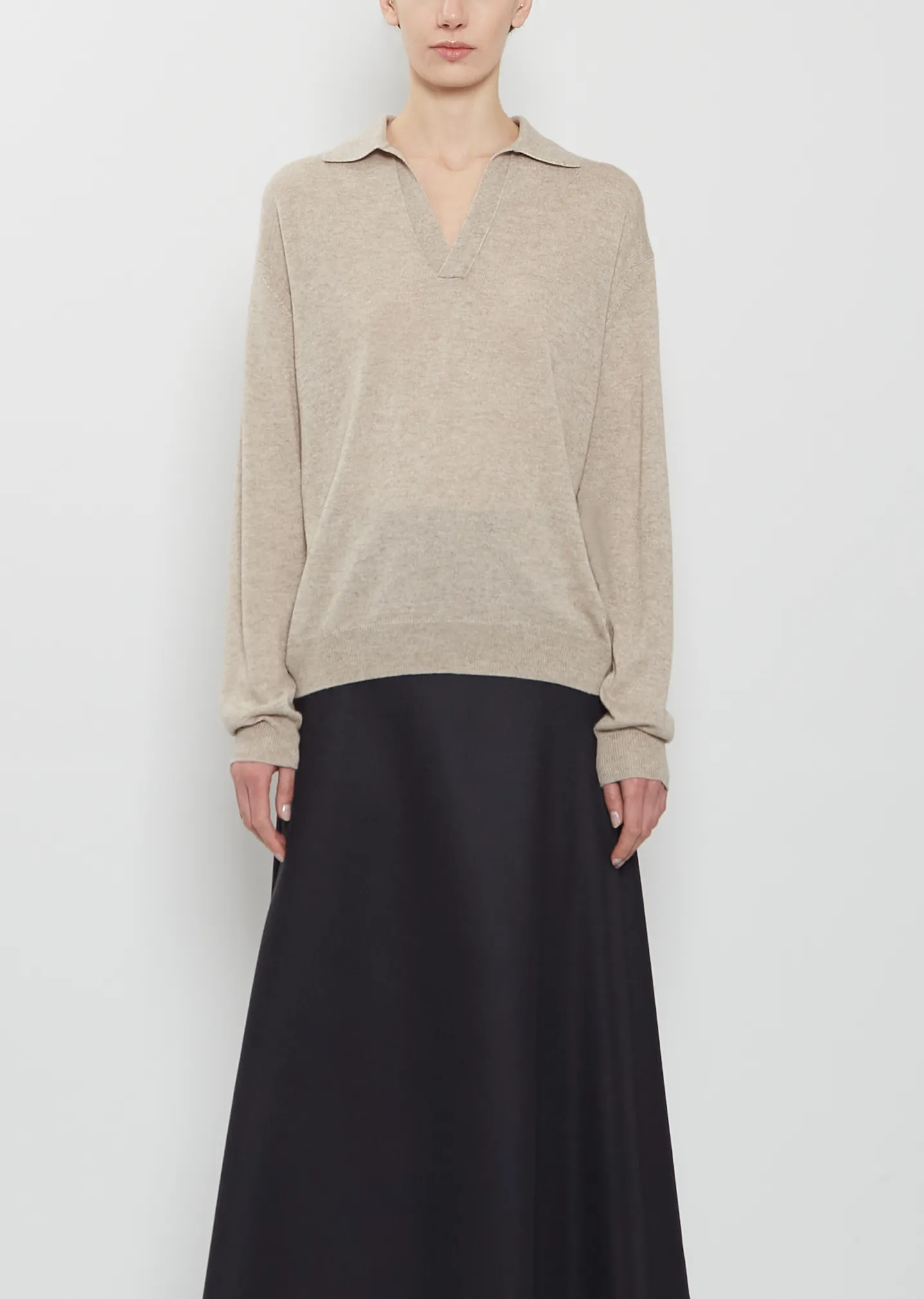 Cashmere Silk Knit Skipper Polo — Top Beige sold by La Garconne