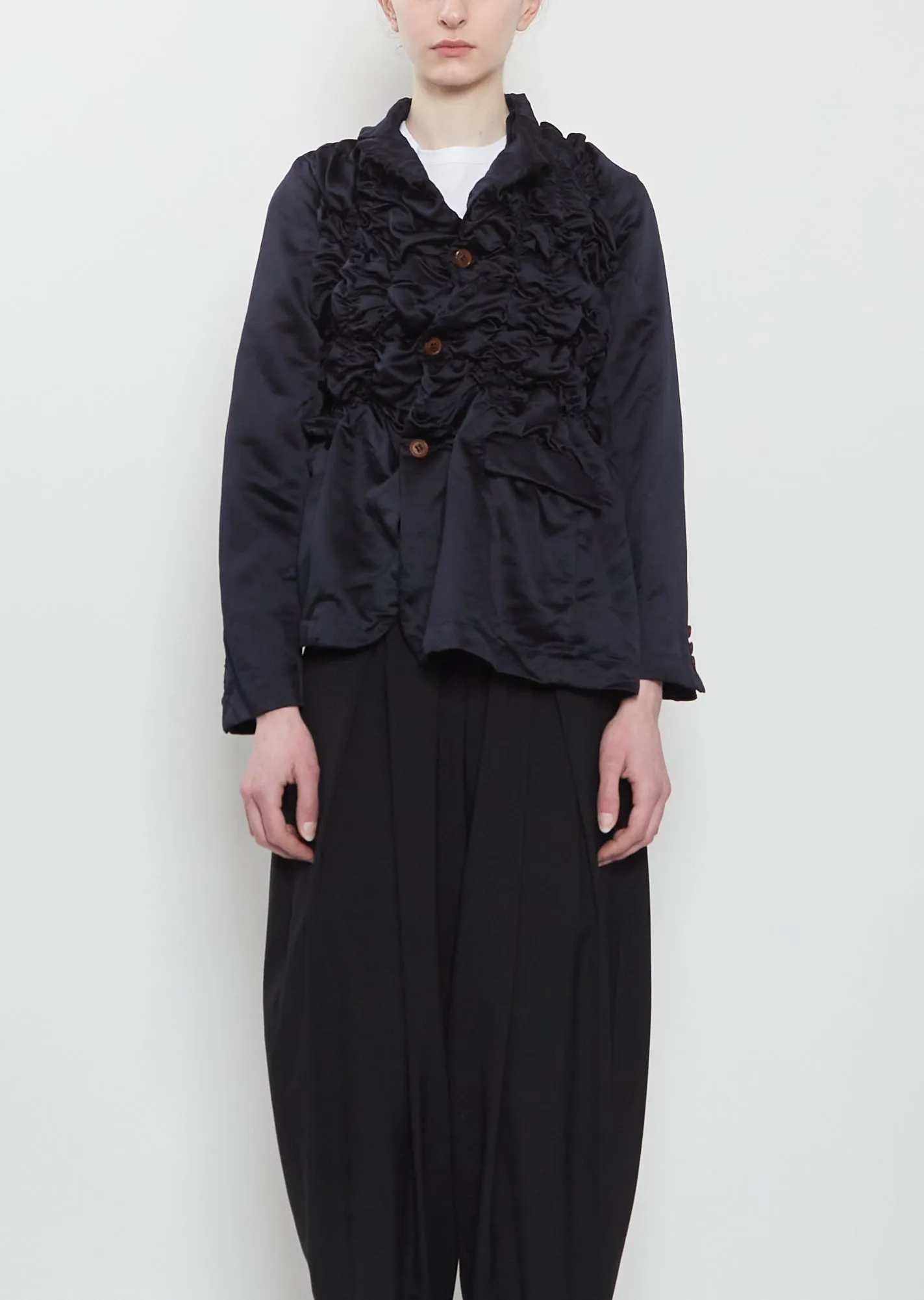Satin Tech Asymmretic Ruched Blazer sold by La Garconne