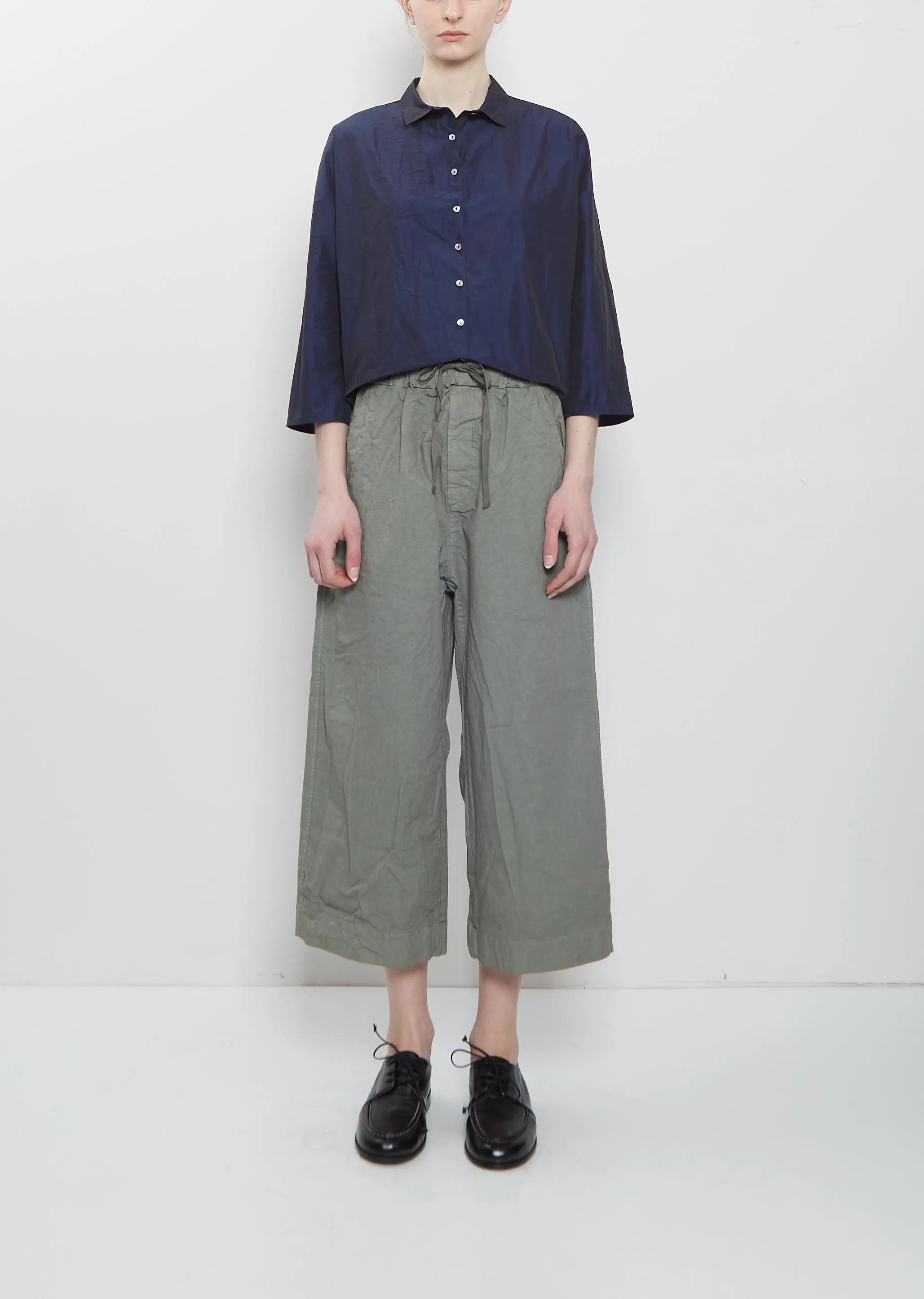 Compact Cotton Wide & Short Trousers — Sage sold by La Garconne