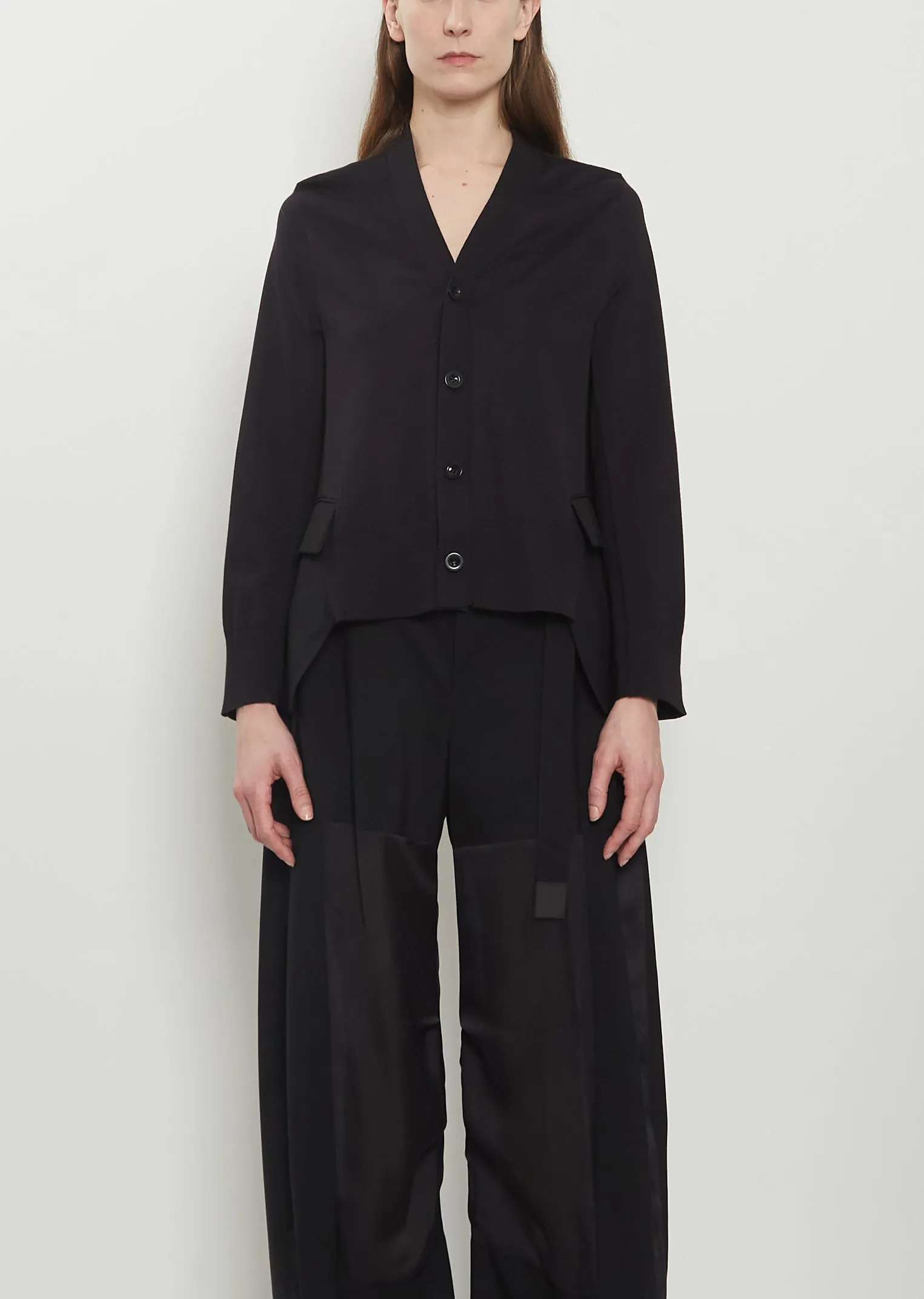 Wool Suiting x Cotton Knit Cardigan — Black sold by La Garconne