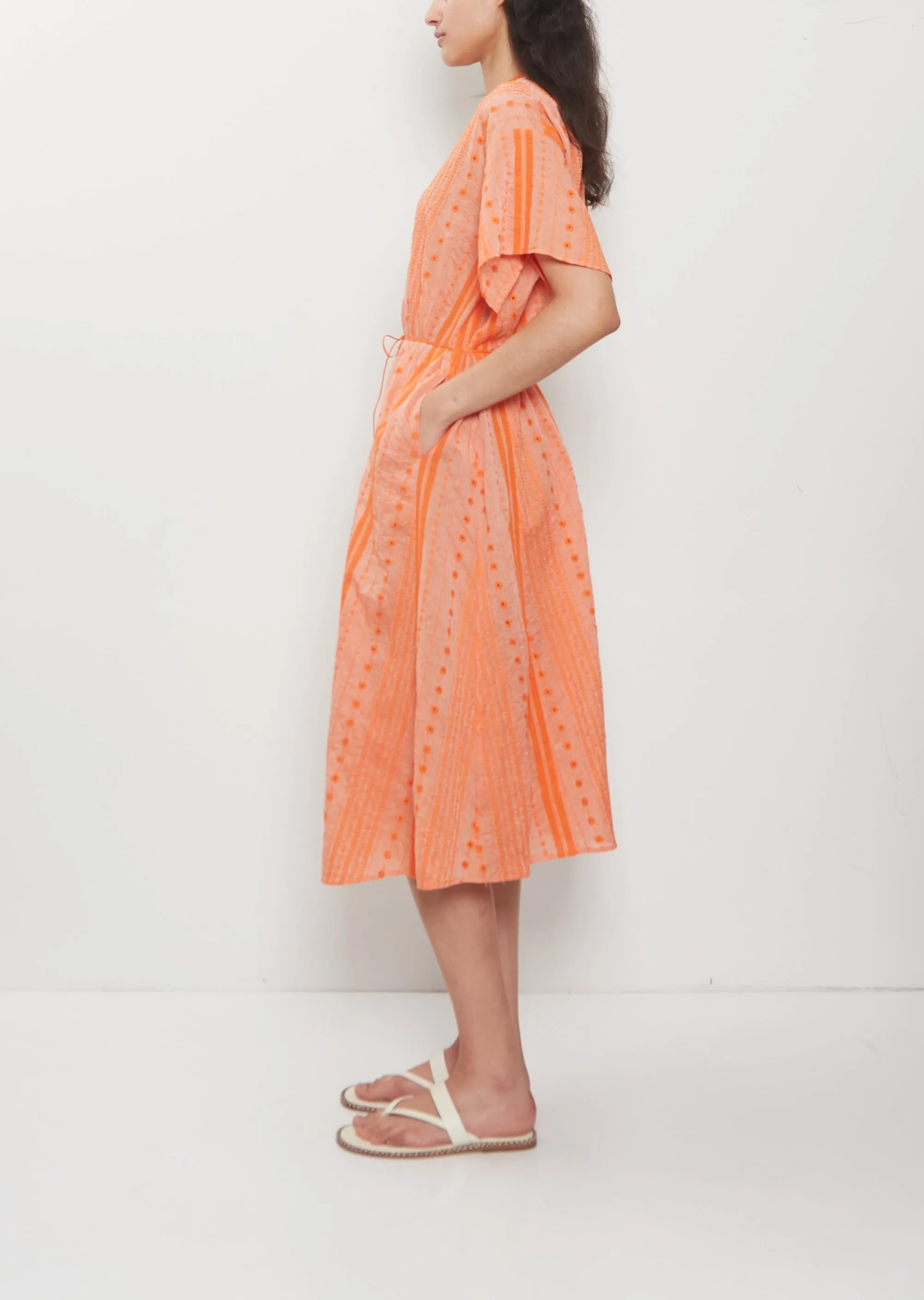 V-Neck Embroidery Cotton Ramie Dress — Orange sold by La Garconne product image thumbnail 2