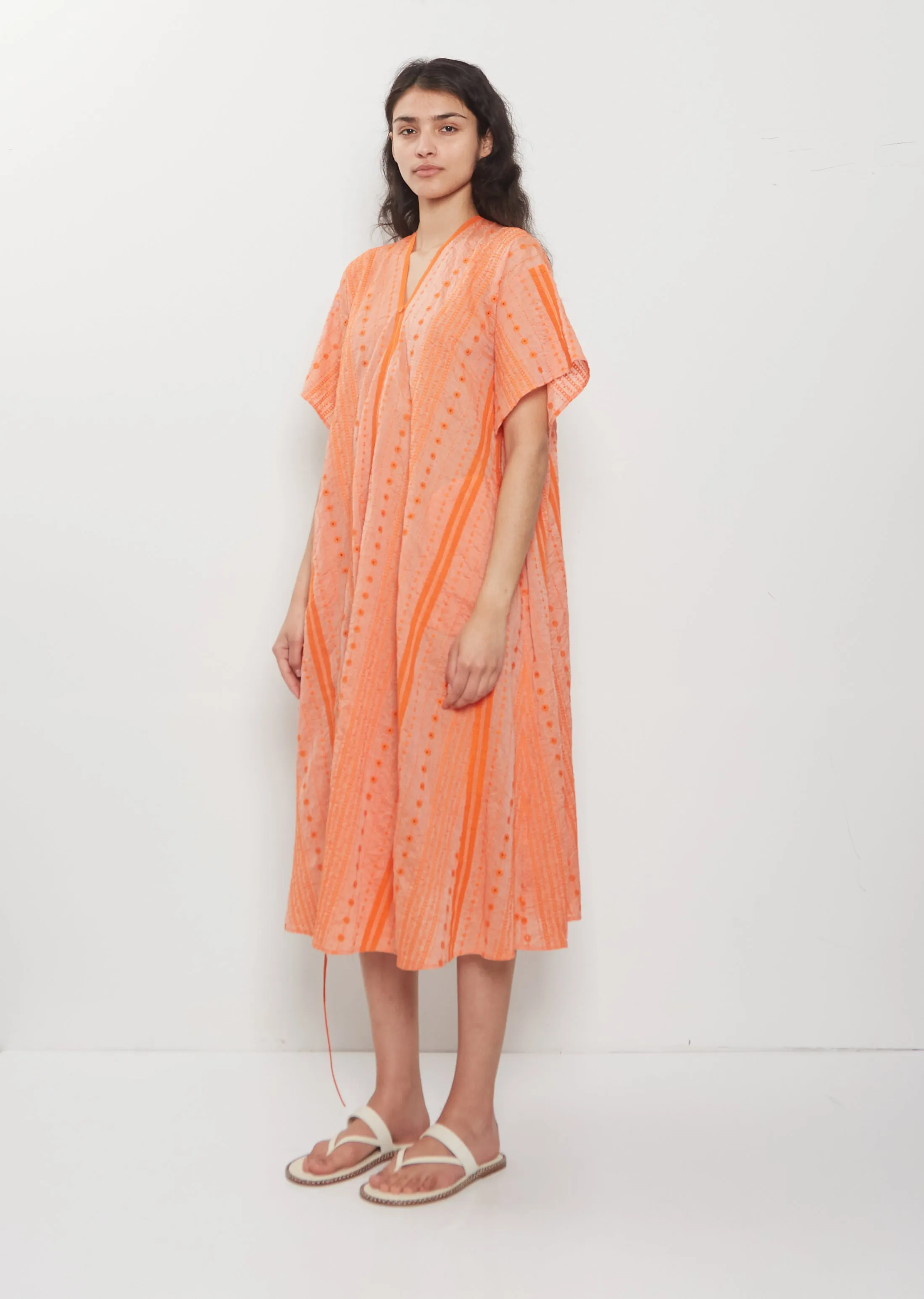 V-Neck Embroidery Cotton Ramie Dress — Orange sold by La Garconne product image thumbnail 4