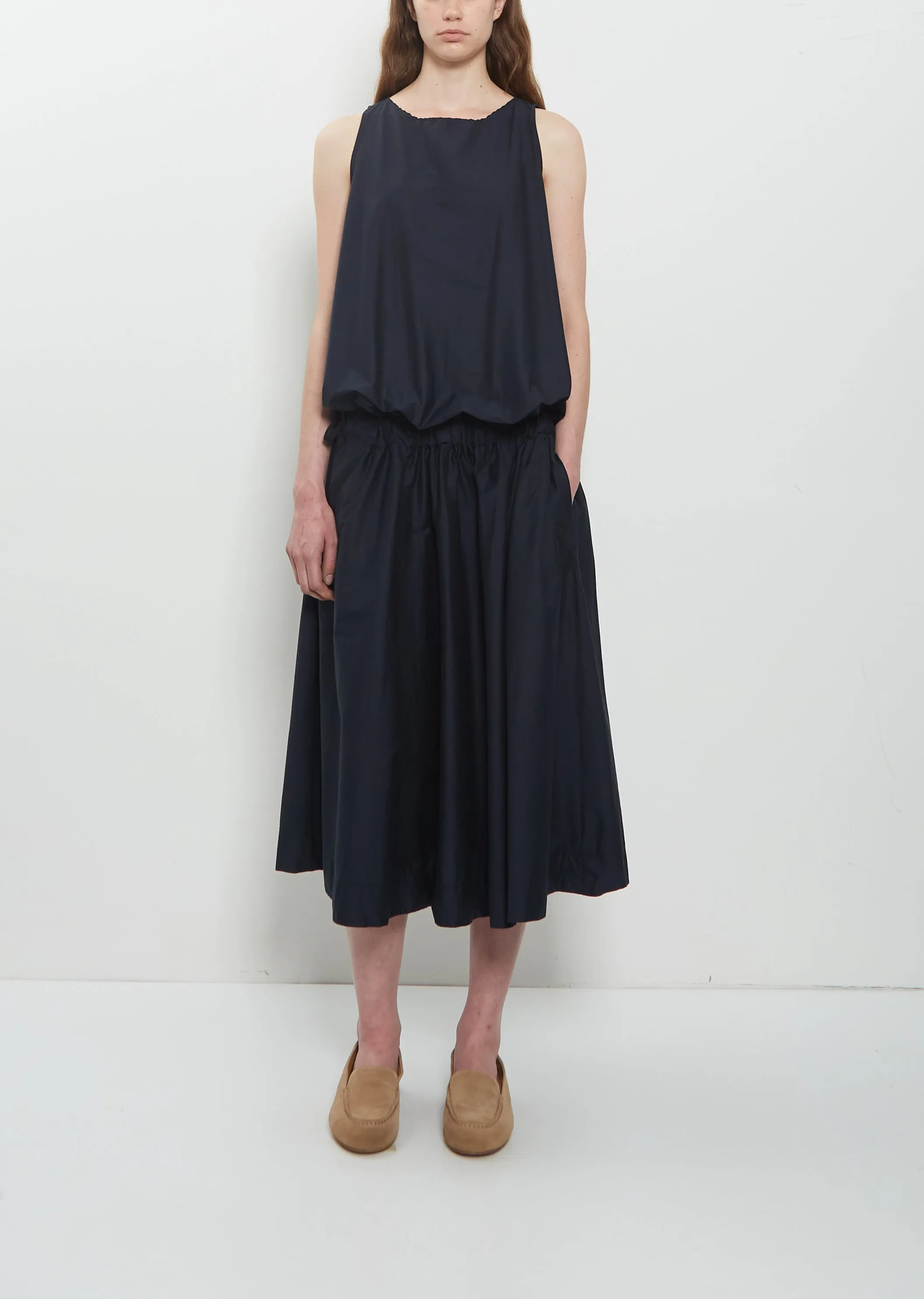 Stretch Light Canvas Sleeveless Gathered Dress — Navy sold by La Garconne