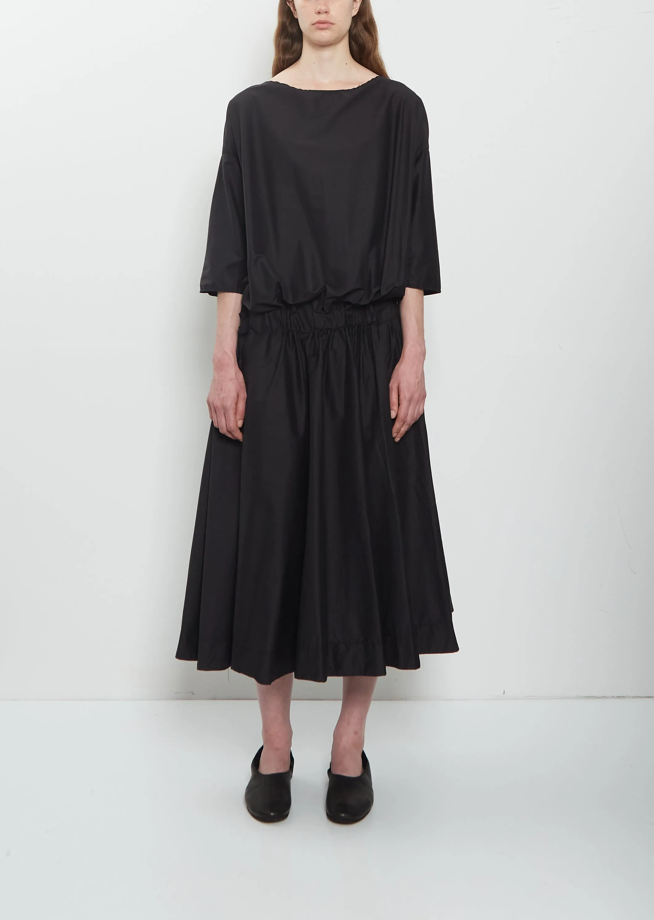 Stretch Light Canvas Gathered Dress — Black sold by La Garconne