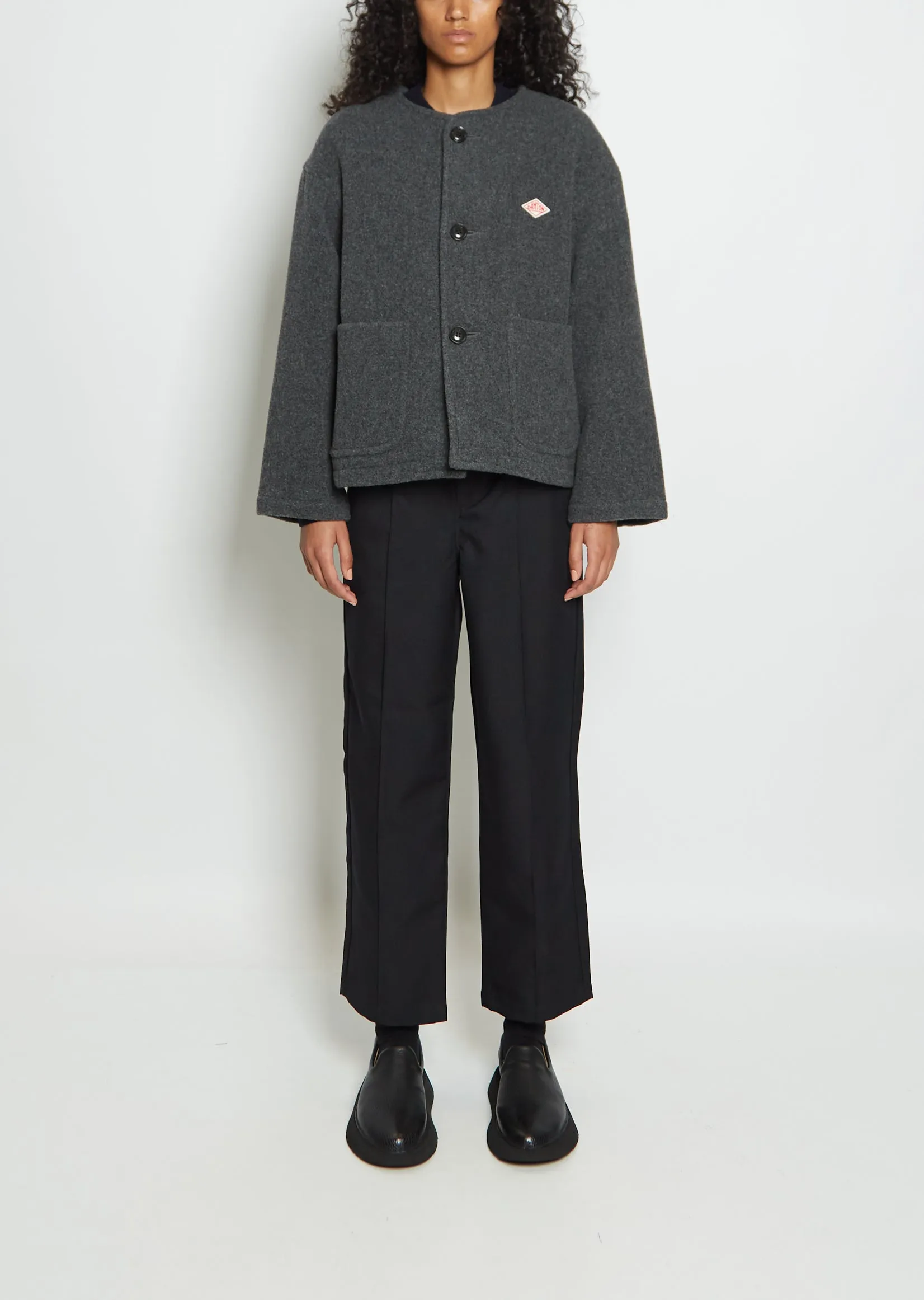 Wool Blend Collarless Jacket — Grey sold by La Garconne