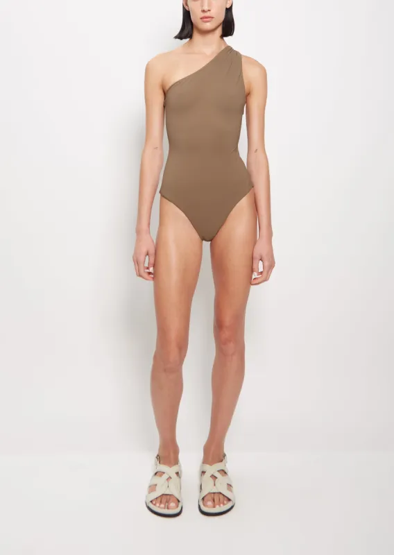 Twist-Strap One-Shoulder Swimsuit sold by La Garconne