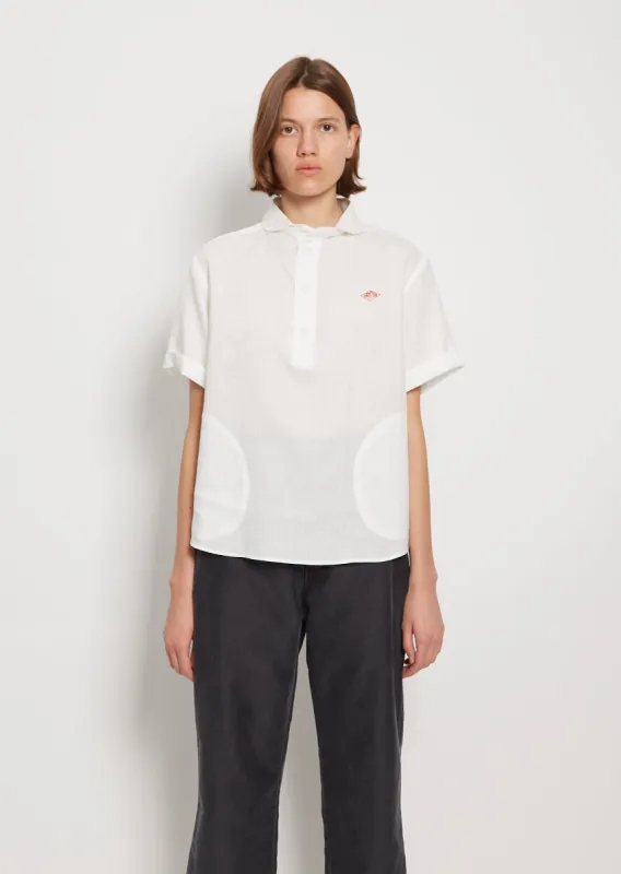 Round Collar Linen Short Sleeve Shirt — White sold by La Garconne