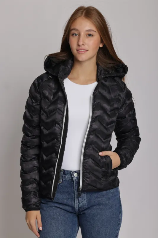 Women's packable puffer jacket in black camo sold by Lazypants