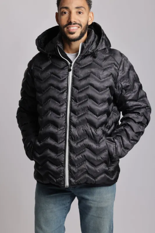 Men's packable puffer jacket in black camo sold by Lazypants