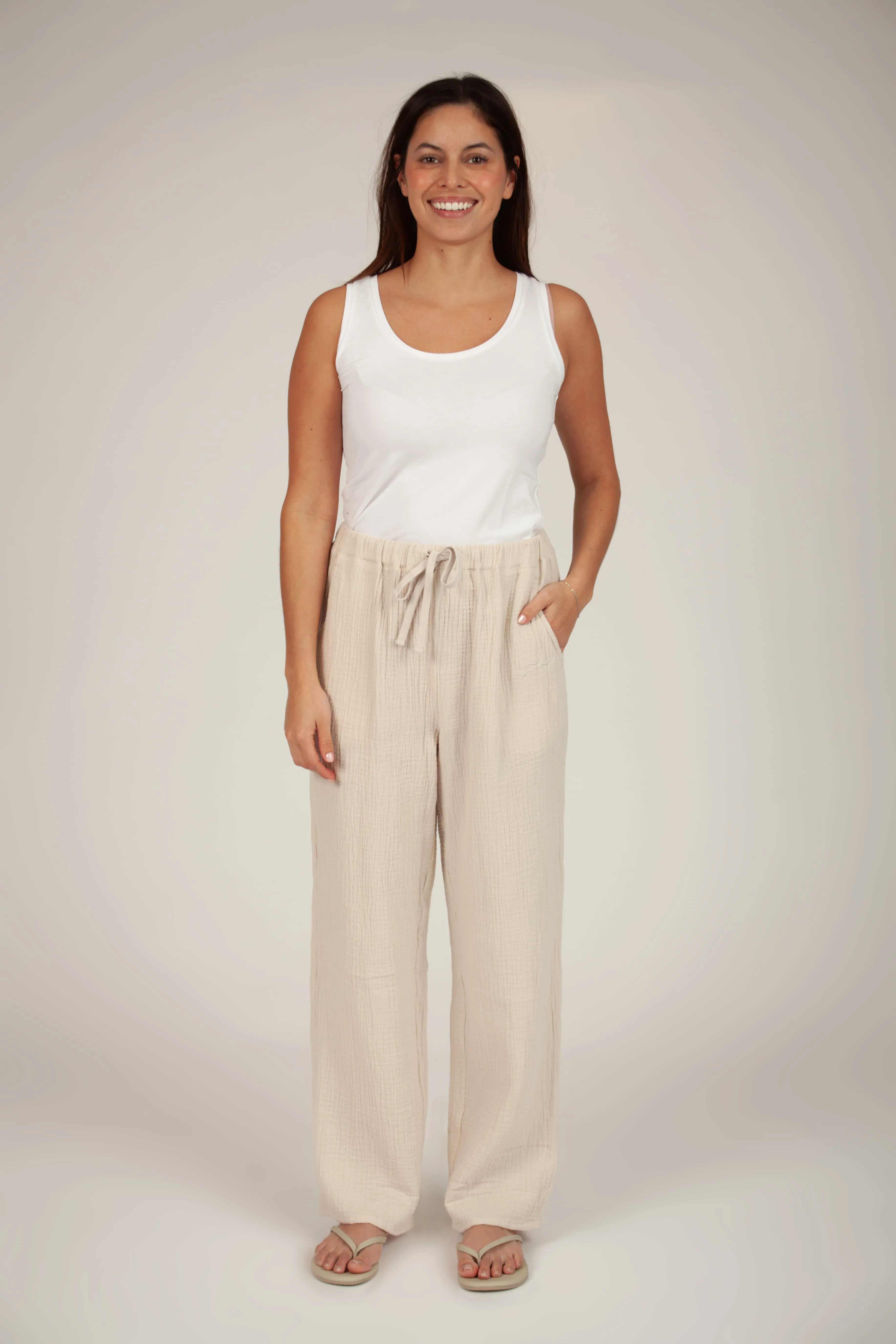 Lightweight Cotton Gauze straight leg pants in bone sold by Lazypants