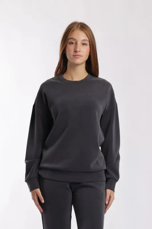 Premium luxe sueded scuba crewneck sweatshirt in charcoal sold by Lazypants