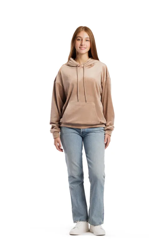 Women’s Chlo double-face velour hoodie in warm taupe made by Lazypants