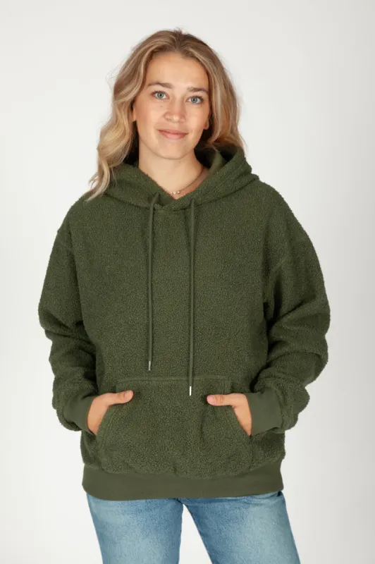 Chlo Relaxed Fit Teddy Sherpa Hoodie in Winter Moss sold by Lazypants