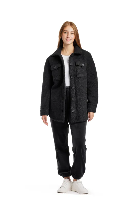 Amber Teddy sherpa shacket in black sold by Lazypants