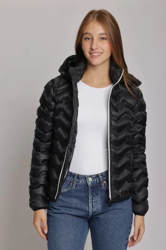 Women's packable puffer jacket in black sold by Lazypants