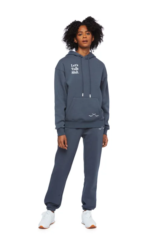 Let’s Talk Shit fleece sweatsuit in navy wash sold by Lazypants