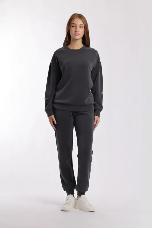 Premium luxe sueded scuba crewneck and jogger set in charcoal sold by Lazypants