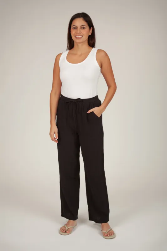 Lightweight Cotton Gauze straight leg pants in black sold by Lazypants