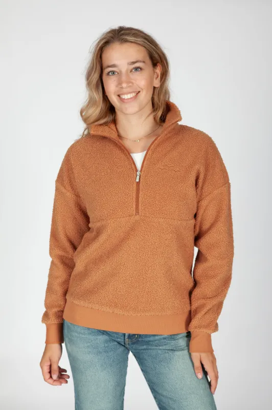 Steph Teddy Sherpa Half Zip Pullover in Biscuit sold by Lazypants