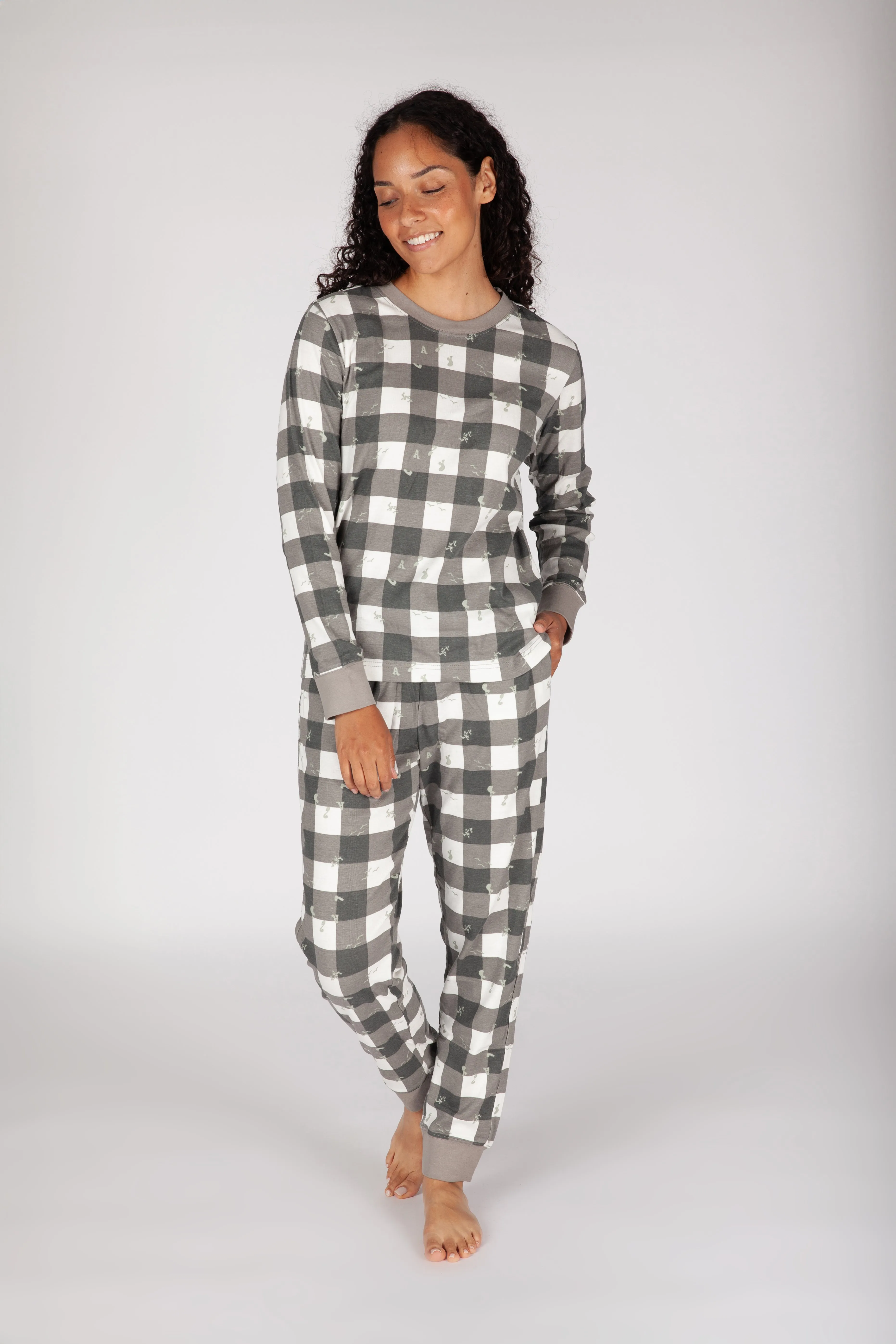 Women's Cotton Pajama Set in Lazy Bird Plaid sold by Lazypants