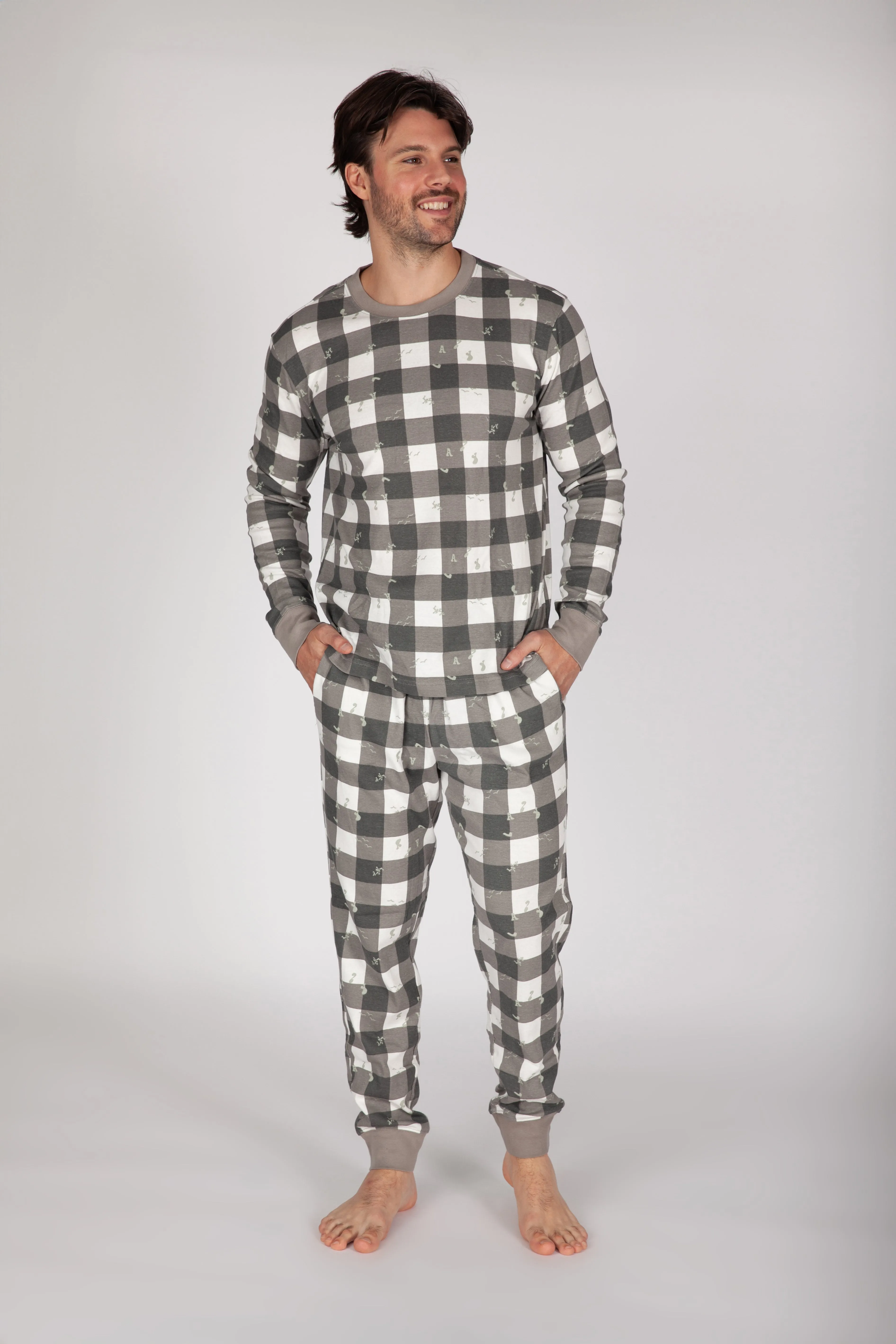 Men's Cotton Pajama Set in Lazy Bird Plaid sold by Lazypants
