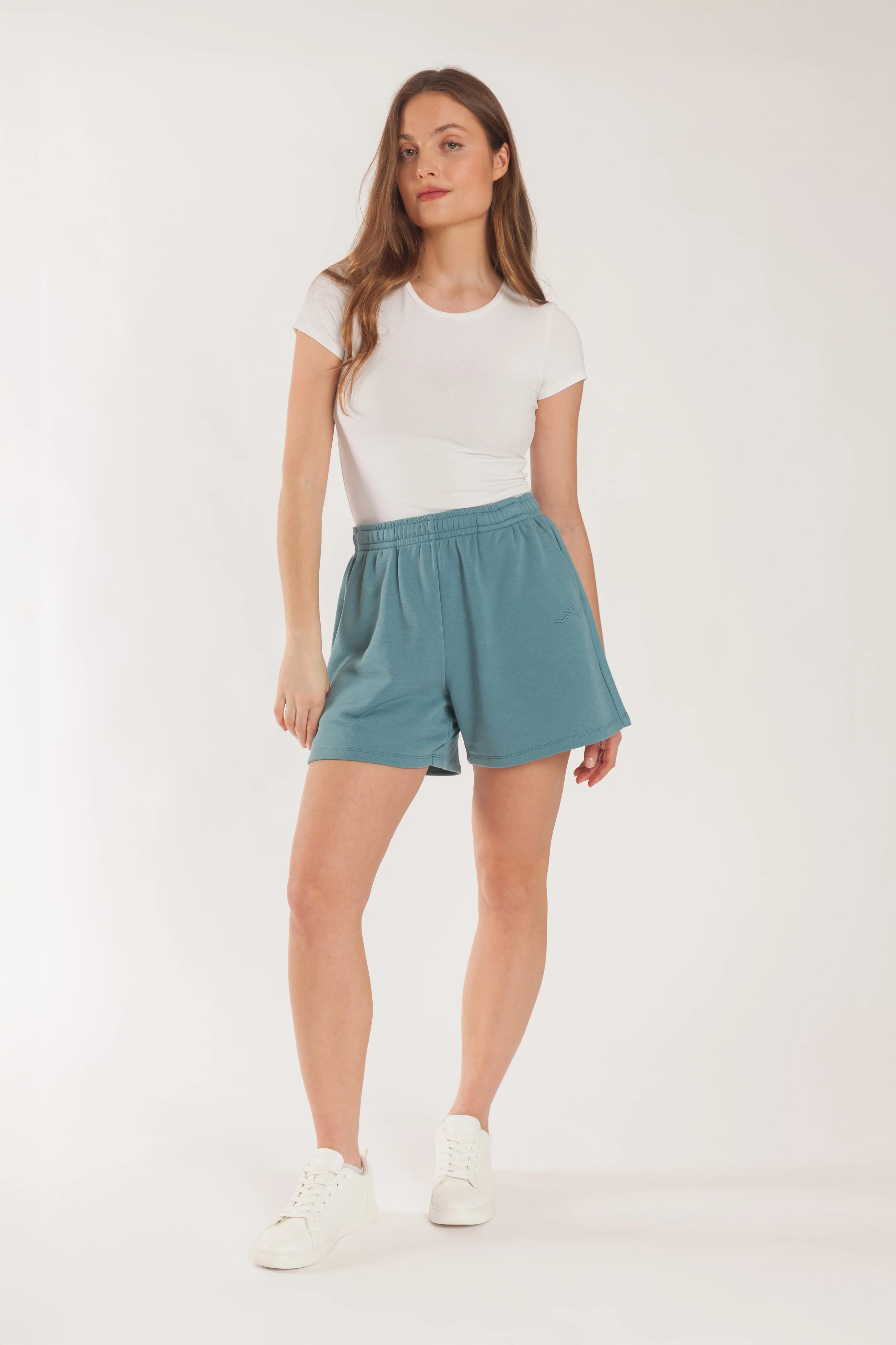 Kate french terry 5 inch shorts in tidal blue sold by Lazypants