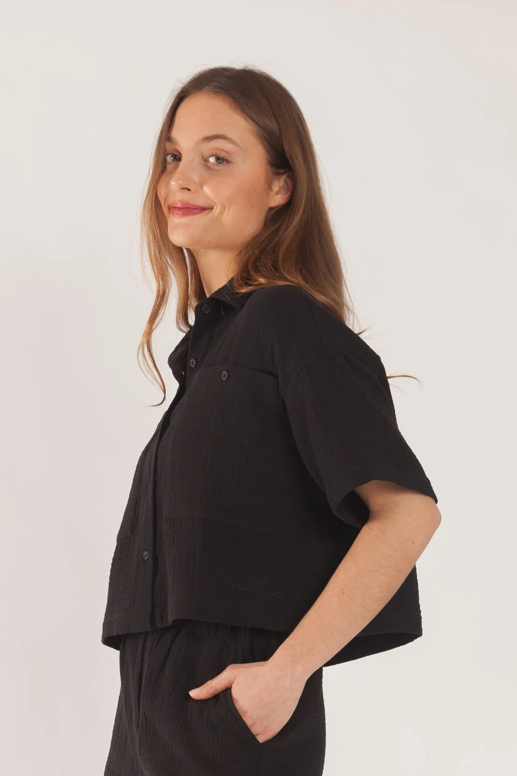 Tori cotton gauze cropped shirt in black sold by Lazypants product image thumbnail 2