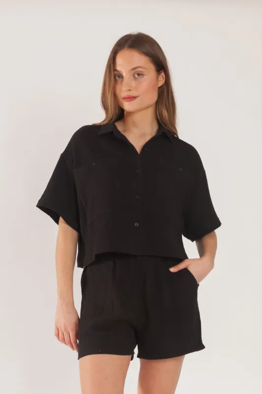 Tori cotton gauze cropped shirt in black sold by Lazypants