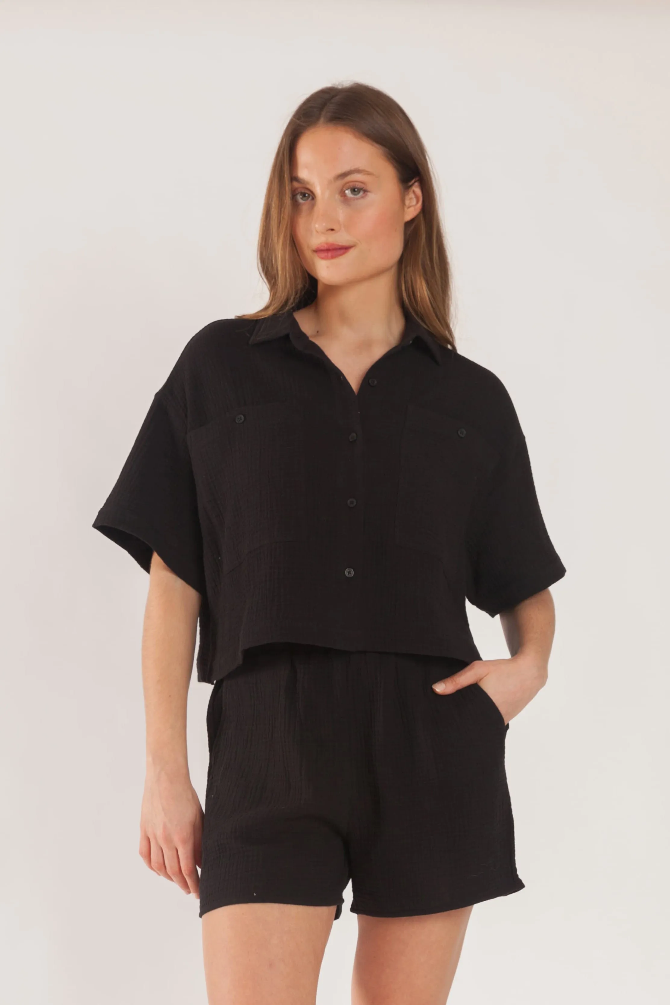 Tori cotton gauze cropped shirt in black sold by Lazypants
