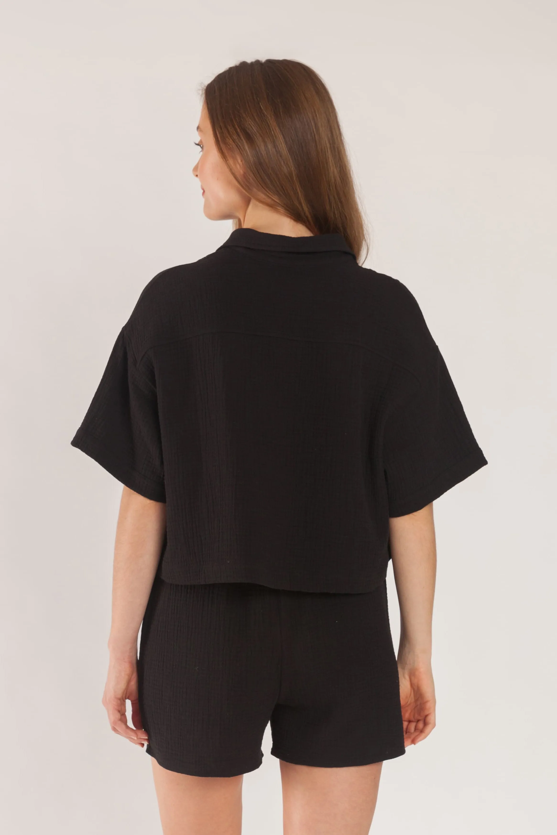 Tori cotton gauze cropped shirt in black sold by Lazypants product image thumbnail 3