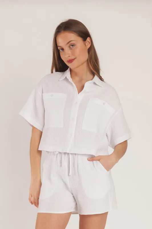 Tori cotton gauze cropped shirt in white sold by Lazypants