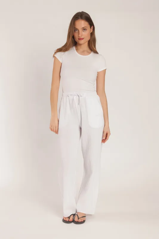Rielle Cotton Gauze straight leg pants in white sold by Lazypants