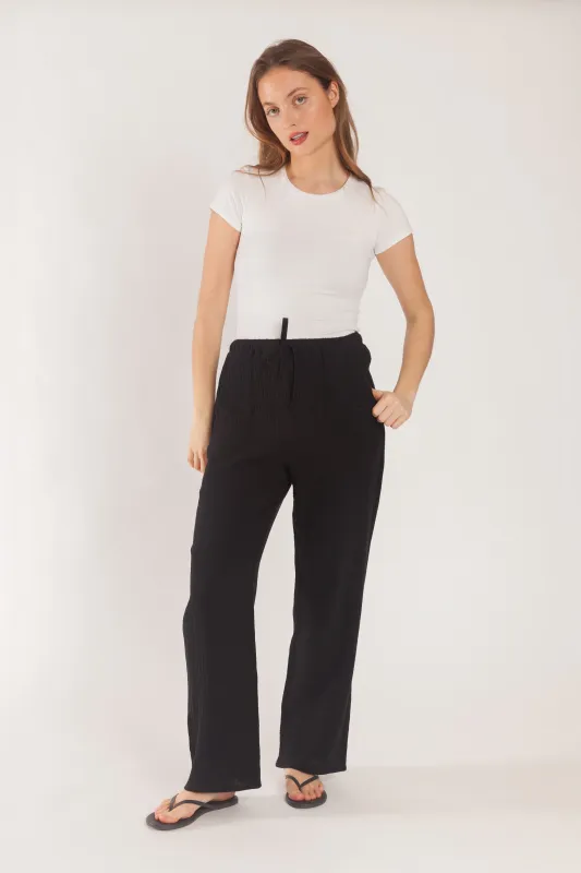Rielle Cotton Gauze straight leg pants in black sold by Lazypants
