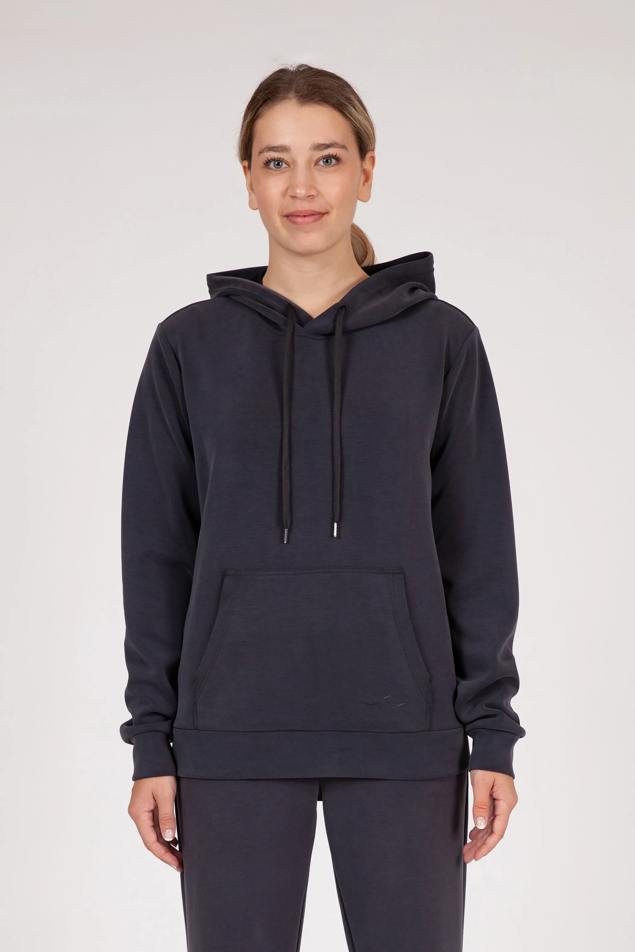 Luxe sueded double knit hoodie in charcoal sold by Lazypants