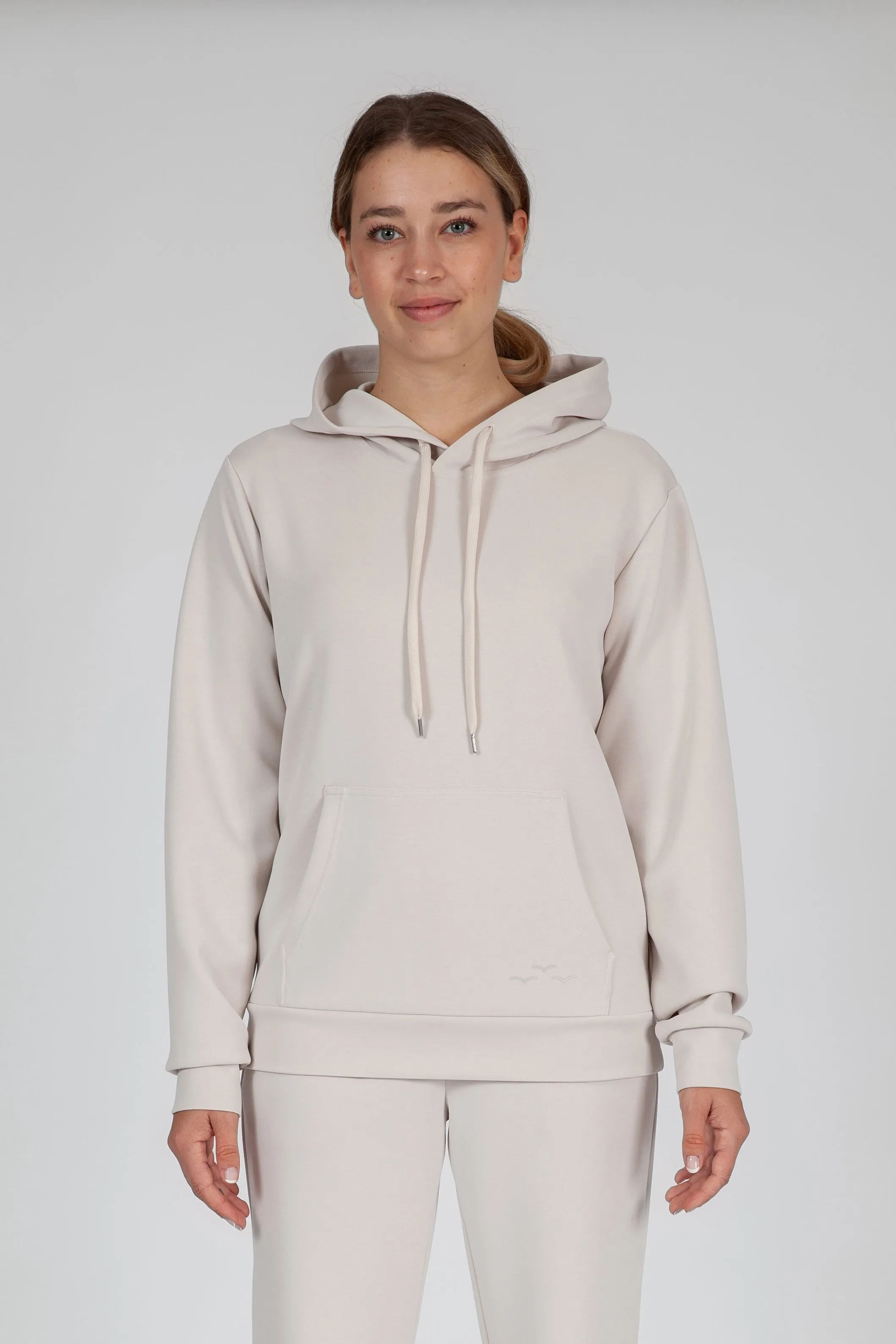 Luxe sueded double knit hoodie in bone sold by Lazypants