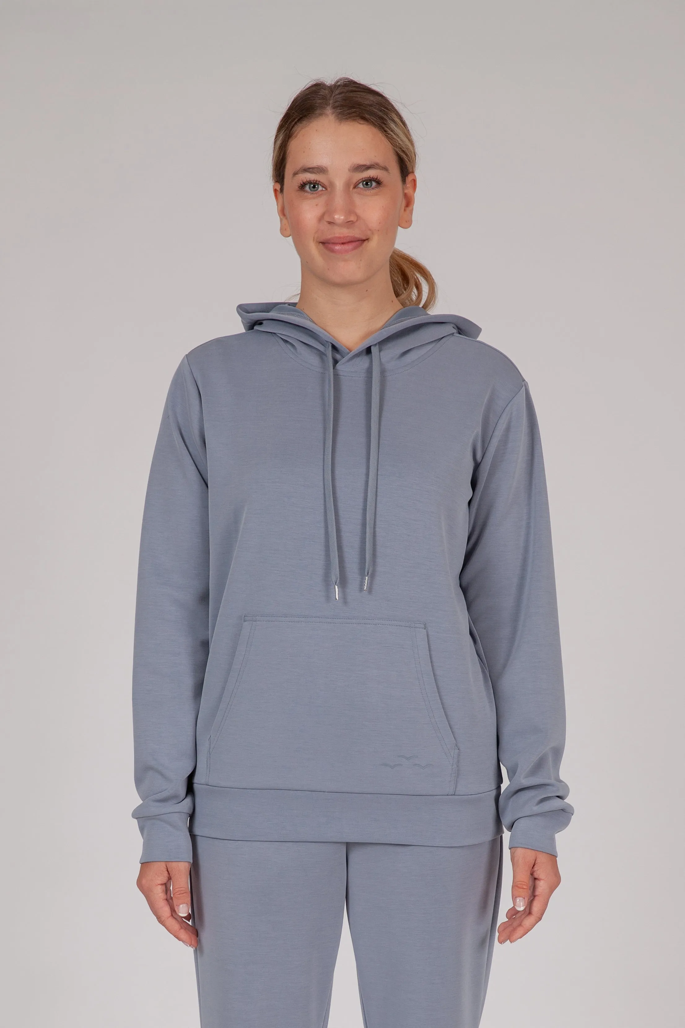 Luxe sueded double knit hoodie in dusty blue sold by Lazypants