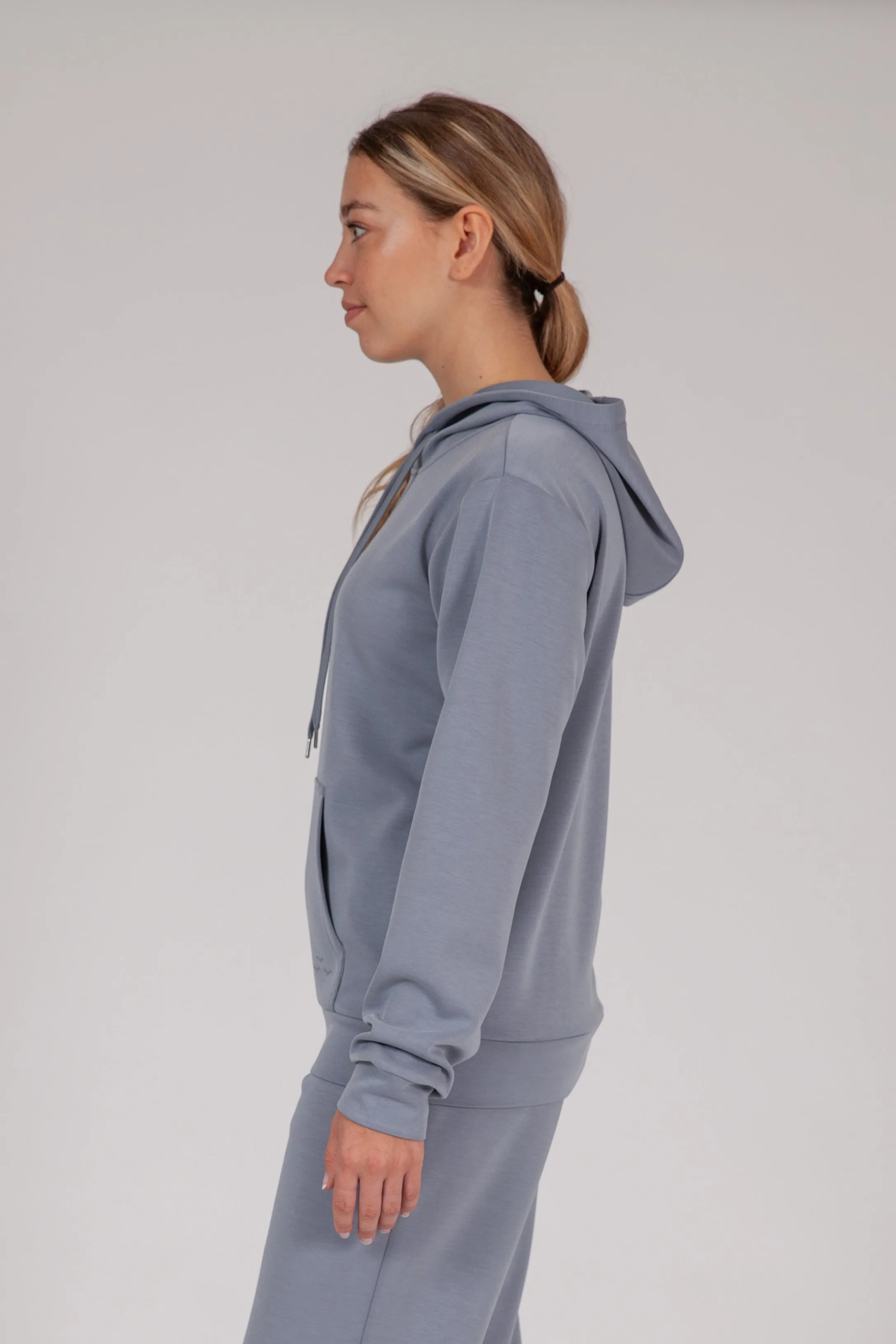 Luxe sueded double knit hoodie in dusty blue sold by Lazypants product image thumbnail 4