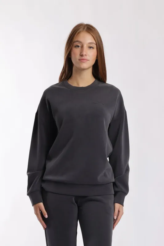 Luxe sueded double knit crewneck sweatshirt in charcoal sold by Lazypants