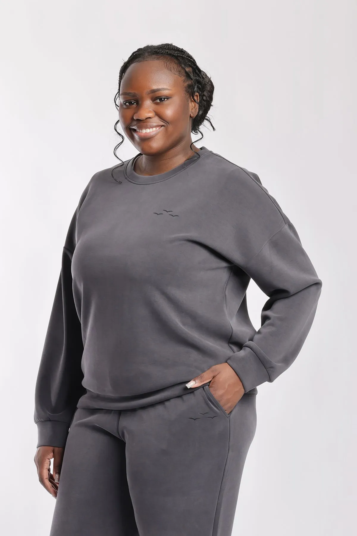 Luxe sueded double knit crewneck sweatshirt in charcoal sold by Lazypants product image thumbnail 5