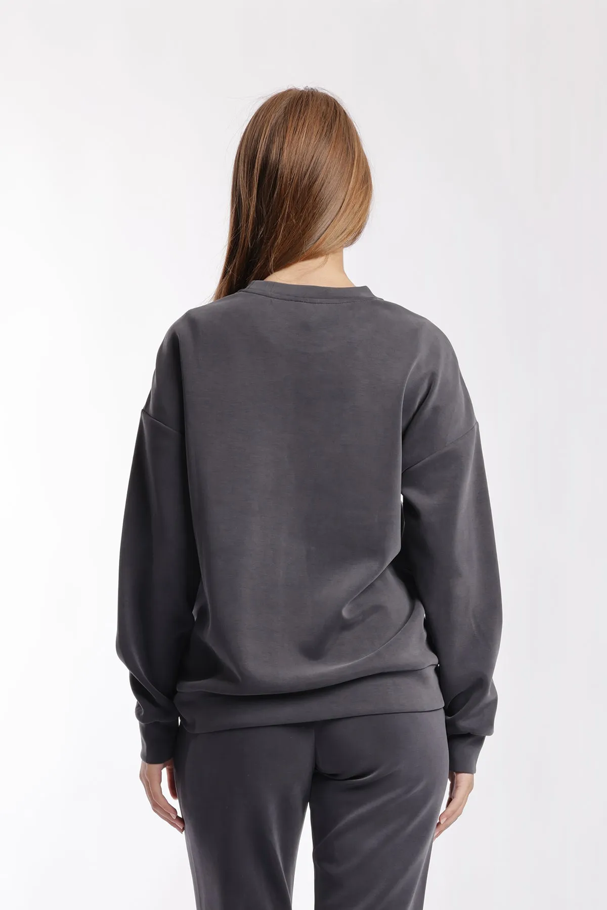 Luxe sueded double knit crewneck sweatshirt in charcoal sold by Lazypants product image thumbnail 2
